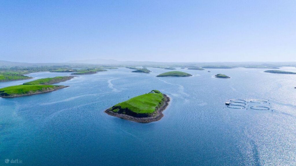 Clew Bay’s island-dotted waters lie between Croagh Patrick and the Nephin Beg mountains on County Mayo’s Atlantic coast.