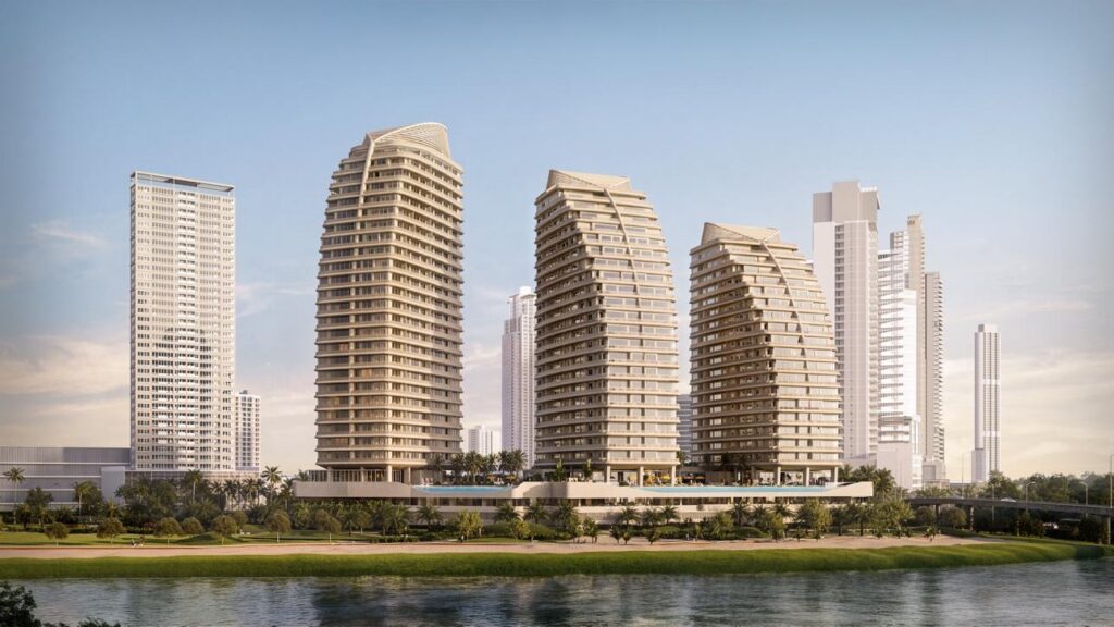Three towers, shaped like the wind-filled sails of a frigate, billowing out into the Bay of Panama.